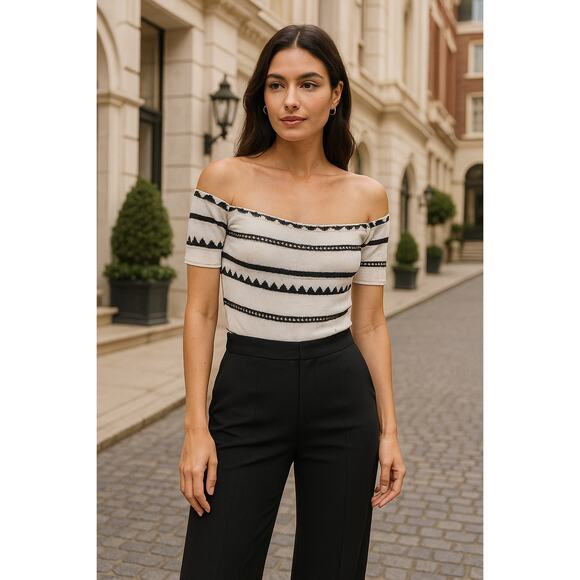 Ronny Kobo Tops - Ronny Kobo White Black Off Shoulder Stretchy Knit Top - Size XS